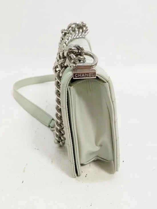 Authentic Chanel Boy Bag Mint Green Quilted Leather Flap Silver Chain CC Logo - Picture 4 of 16